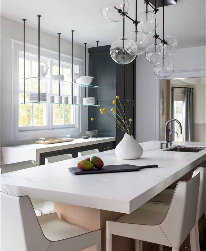 Statuario Porcelain kitchen island and counters by Haven Builders; Sarah Winchester Photo; Nicole Hirsch Interiors Design; Kramers Custom Kitchens